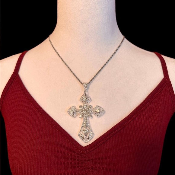 Gothic Cross Necklace Crystal Cross Choker Silver Tone Stainless Steel C… - Picture 4 of 12